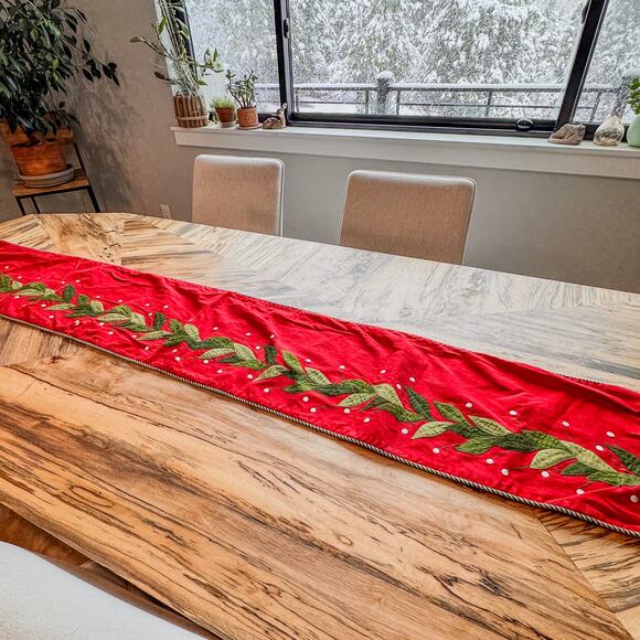 Crate & Barrel “Evergreen” Embroidered Table Runner, Holiday Kitchen Table Decor - Picture 1 of 8